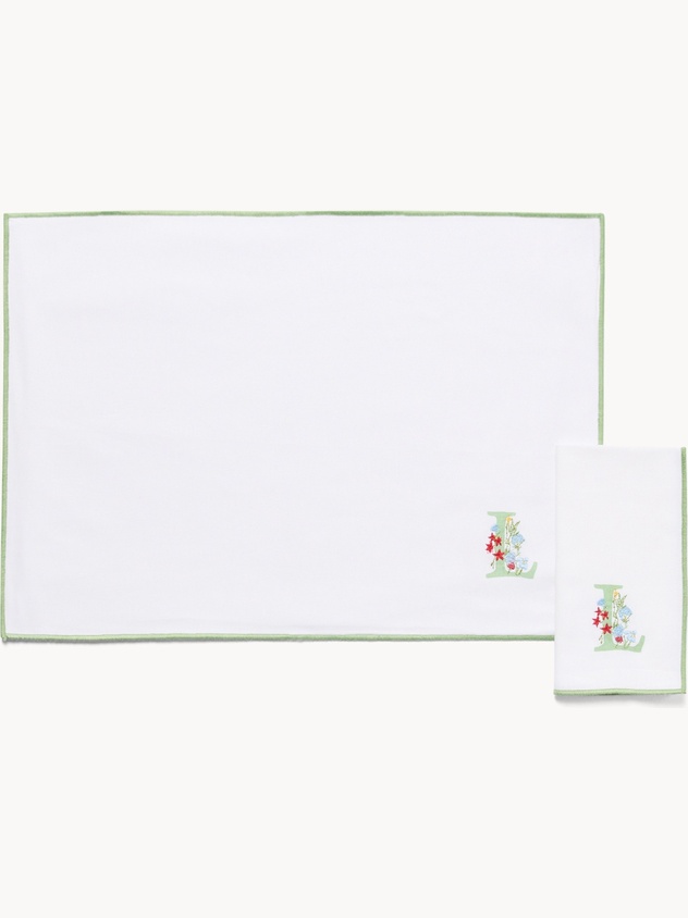 Pure cotton napkin and placemat set with initial L