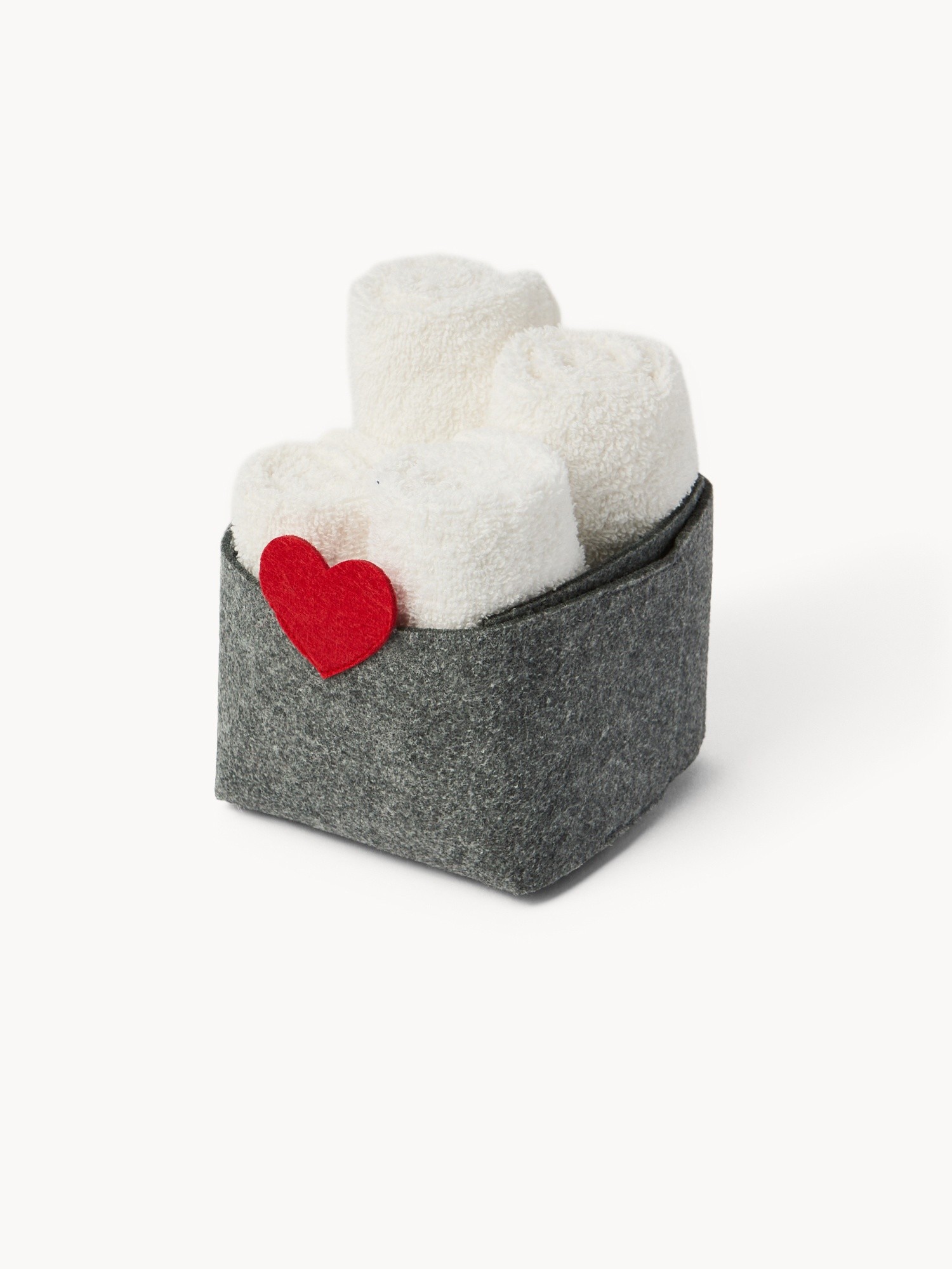 Cestino in feltro con 4 lavette tinta unita, Bianco, large image number 0