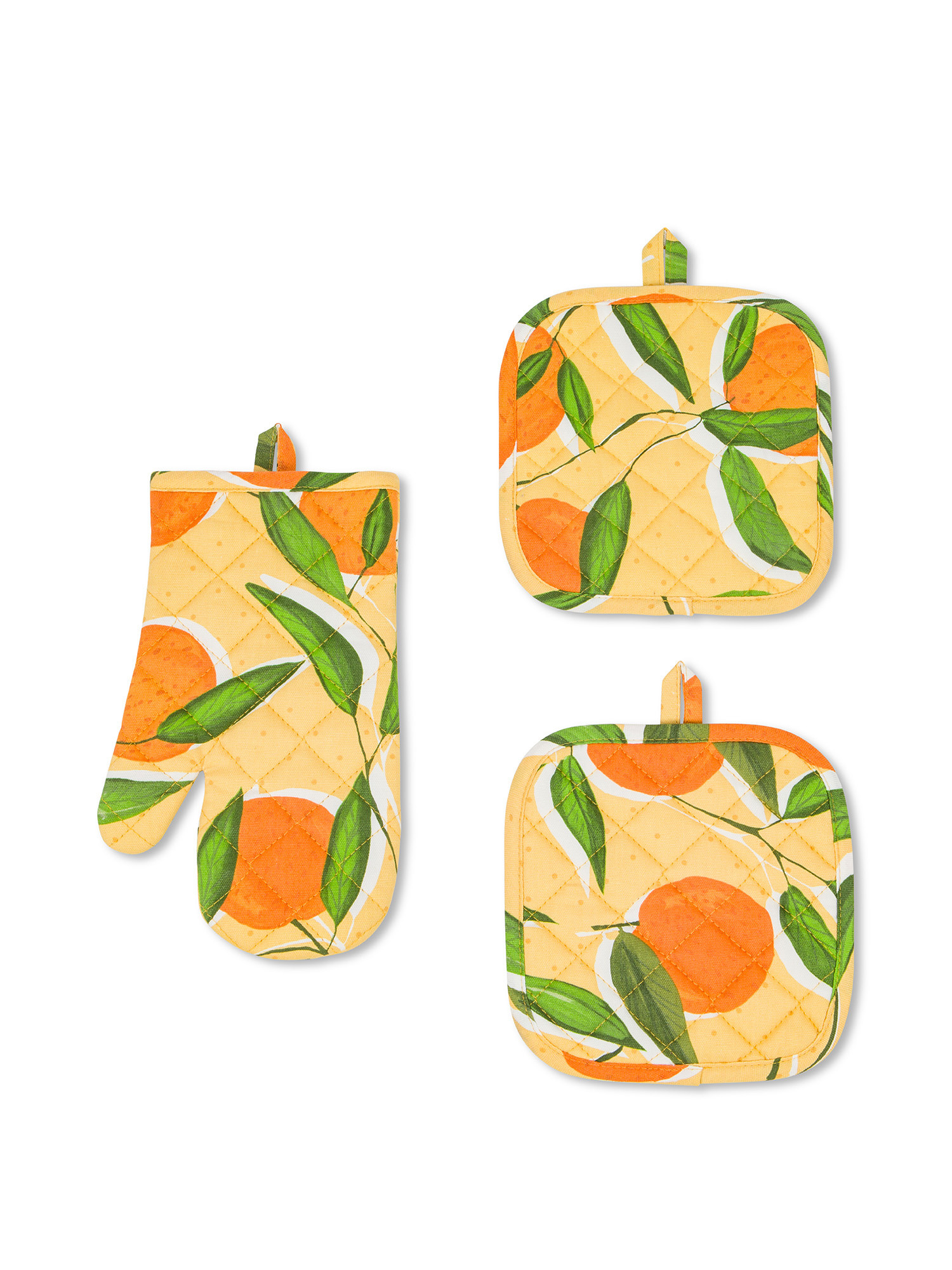 Set of 2 panama pot holders and orange print cotton kitchen glove, Yellow, large image number 0